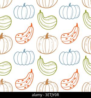 Nahtloses Muster des Kürbis der Herbst-Jahreszeit mit buntem Herbst-Kürbis-Kritzellinie Kunst-Vektor-Hintergrund für Thanksgiving-Verpackung Papier Textil Stock Vektor
