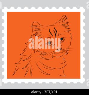 Eine Briefmarke, die den Kopf einer traurigen Katze in einem linearen Stil darstellt. Vektorillustration auf weißem Hintergrund isoliert. Stock Vektor