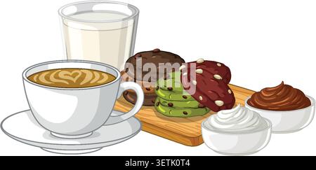 Flache Vektorillustration von Kaffee Latte, Milchglas und bunten Keksen auf weißem Hintergrund Stock Vektor