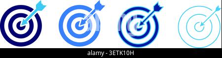 Blaue Zielsymbole stehen für Geschäftsstrategie und Erfolg. Das Set enthält Variationen für Volumenkörper, Umrisse und dünne Linien für unterschiedliche Konstruktionsanforderungen. Ideal für Stock Vektor