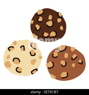 Runde Schokoladennuss-Pralinen. Handgezeichnete Vektor-Illustration von weißen, Milch- und dunklen Schokoladenbonbons mit knusprigen Nüssen, köstlichem Dessert Stock Vektor