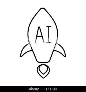 AI-Symbol auf der Rakete. Illustration der Vektorlinie für das Launch-Konzept der künstlichen Intelligenz, KI-Start-up, Technoinnovationen Stock Vektor