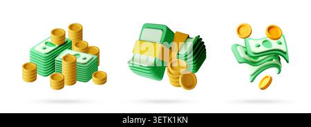 Set aus 3D-Geldsymbolen mit Stapeln grüner Banknoten und Goldmünzen. Symbole des finanziellen Vermögens für Unternehmensinvestitionen. Zeichentrickgeldsammlung für Stock Vektor