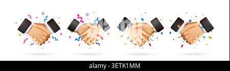 Handschlag von Geschäftsmann Set. 3D-Symbolsammlung mit Geschäftsabschlüssen und Partnerschaftsvereinbarungen. Cartoon Geste der Kooperation mit Bunt Stock Vektor