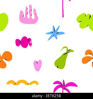 Handgezeichneter Vektor abstrakte einfache zeitgenössische Kunst nahtloses Muster, kreative Cartoon-Dekoration Retro-Formen, Formen und Doodle-Objekte, brutalistisches Design Stock Vektor