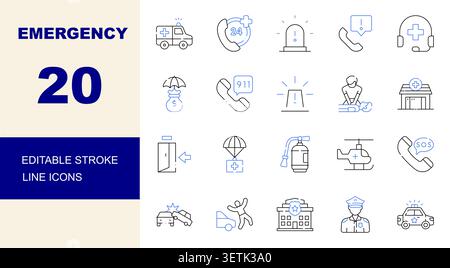Editierbare Symbole für die Stroke Line für Notfall und Rettung eingestellt. Ambulanz, Notruf, HLW, Polizei und SOS-Vektor-Illustration Stock Vektor