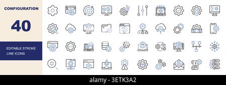 Konfiguration und Einstellungen bearbeitbare Konturlinien-Symbole festgelegt. Vektor-Illustration für Getriebe, Bedienfeld, System-Setup, Einstellungen und Optimierung Stock Vektor