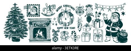 Weihnachtskritzeleien. Handgezeichneter Neujahrsaufkleber. Vintage Xmas Elemente, Weihnachtsdekorationen, Weihnachtsmann, Geschenk, Kamin, Kranz, Weihnachtsbaum, Spielzeug Stock Vektor