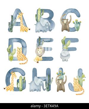 Vektor Aquarell nette Safari Tiere Buchstaben für Einladungskarte, Kinderzimmer Poster und andere. Stock Vektor