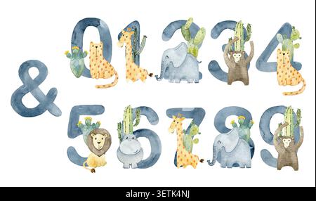 Vektor Aquarell niedliche Safari Tiere Zahlen für Einladungskarte, Kinderzimmer Poster und andere. Stock Vektor