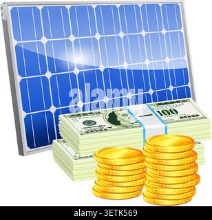 Energiesparkonzept mit Sonnenkollektor und Geld, Vektor isoliert auf weißem Hintergrund Stock Vektor