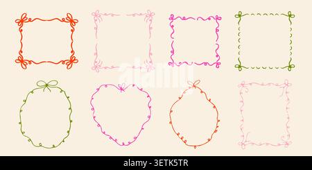 Doodle farbenfrohe Rahmen-Kollektion mit welligen Linien, Schleifen und Bändern. Minimalistische handgezeichnete Borten für trendiges Coquette-Design. Freie Hand skurrile dra Stock Vektor