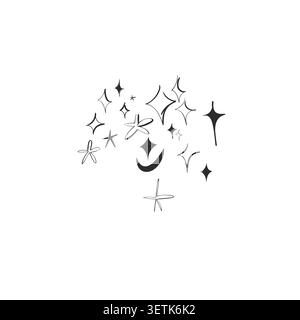 Durchgehende Linienzeichnung eines grafischen abstrakten Stern-Sparkle-Sets, Skizze-Silhouette für magisches Design. Minimalistischer Kunststil. Doodle-handgezeichneter Vektor Stock Vektor