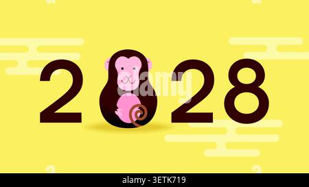 Jahr des Affen 2028 Cartoon-Schriftzug. Minimalistisches Grußkartenvorlage für das Lunar New Year 2028. Stock Vektor