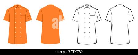 Zweireihiges Chef-Shirt mit kurzen Ärmeln, Knopfverschluss und einer klaren, professionellen Silhouette mit strukturierten Linien. Illustration technischer Mode in Schwarzweiß und Farbe, Vorder- und Rückansicht. Vektor Stock Vektor