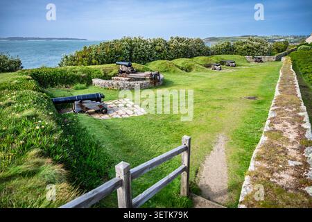 Die King Charles Battery ist eine von mehreren Küstenbefestigungen auf der Halbinsel The Garrison, Hugh Town, St Mary's, Isles of Scilly, UK. Stockfoto