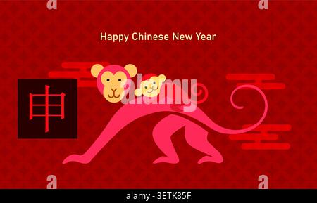 Neujahr der Affenfamilie feiern. Niedlicher Tierkreis-Affe mit Baby-Banner. Chinesische Textübersetzung: „Affe“ (Tierkreis). Stock Vektor