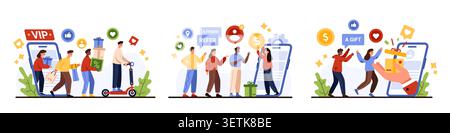 Personen, die ein mobiles Treueprogramm mit VIP-Vorteilen, Empfehlungsboni, Cashback-Prämien, Geschenken, Rabatten, soziale Vorlieben, modernes flaches Design, isoliert auf weißem Hintergrund Vektorillustration Stock Vektor