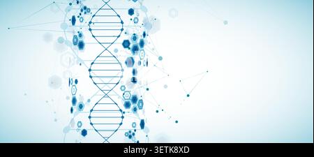 Abstrakter medizinischer Hintergrund mit blauer DNA-Helixstruktur und Technologiehuecksechsecken. Vektorabbildung Stock Vektor