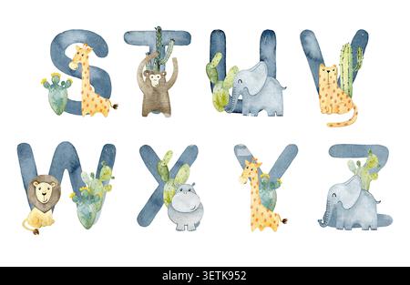 Vektor Aquarell nette Safari Tiere Buchstaben für Einladungskarte, Kinderzimmer Poster und andere. Stock Vektor