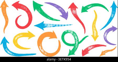 Handgezeichneter Buntstift-Pfeil. Kritzelnde Farbpfeile. Fettgedruckte Kreidelinie mit Zeigersymbol. Buntstifte-Designelemente mit Bleistift-Grunge-Textur Stock Vektor
