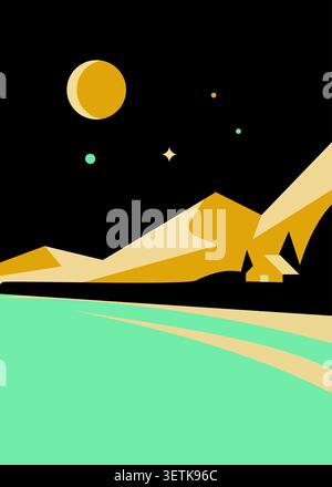 Minimalistische geometrische Berglandschaft bei Nacht mit Mond und Hütte Stock Vektor