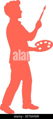 Orangefarbene Silhouettendarstellung eines stehenden Malers, der während der Arbeit einen Pinsel und eine Farbpalette hält Stock Vektor
