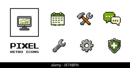 Retro-Pixel-Symbole für die Brauereiverwaltung mit Elementen für Dashboard, Wartung, Sicherheit, Einstellungen, Kalender und Kommunikationsschnittstelle. Stock Vektor