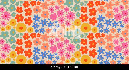Nahtloses Blumenmuster auf der Sommerwiese. Niedlicher farbenfroher Hintergrund mit Doodle-Blumen Stock Vektor
