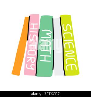 Stapel bunter Schulbücher mit mathematischen, naturwissenschaftlichen und geschichtlichen Texten, isoliert auf weißem Hintergrund. Hand gezeichnete Vektor-Kritzelillustration Stock Vektor