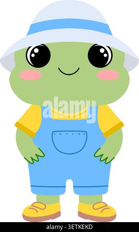 Niedliche Froschfigur mit weißem Sonnenhut und blauem Overall. Vektormaskottchen isoliert auf weißem Hintergrund. Stock Vektor