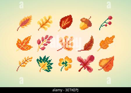 Pixel Art Herbstblätter, Eicheln, Beeren und botanische Elemente Kollektion im Retro-Spielstil mit farbenfrohen saisonalen Ikonen, die vom Herbst na inspiriert sind Stock Vektor