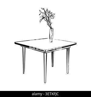 Ein Esstisch und eine Vase mit Blumen, ein einfaches lineares Muster. Vektorabbildung. Das Möbelmuster ist vor dem Hintergrund isoliert. Für Stock Vektor