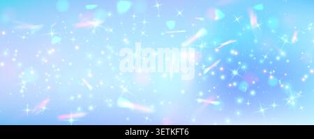 Traumhafter blauer Pastellhintergrund, niedliche Einhornmagie, glitzernde Regenbogenfunkeln, verlaufender Himmel, Sterne, Fantasie und schimmernde Lichteffekte. Vektor bg Stock Vektor