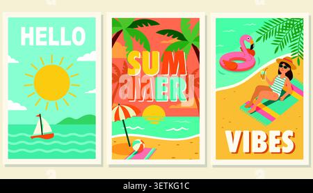Farbenfrohes Poster mit Strandszene, tropischen Palmen und Hello Summer Vibes Stock Vektor