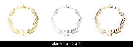 Elegante Sammlung von Auszeichnungen für den ersten zweiten und dritten Platz mit goldenen Silber- und Bronzesymbolen, die von Lorbeerkränzen, Krone und gerahmt werden Stock Vektor