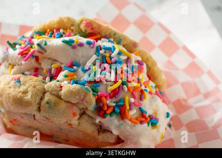 Eine Nahaufnahme eines Eis-Sandwiches mit Keks. Stockfoto