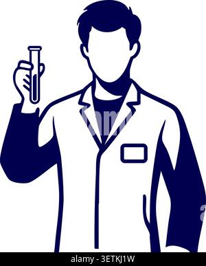 Navy Illustration eines Wissenschaftlers in einem Labormantel, der ein Reagenzglas für Forschung und Experimente hält Stock Vektor