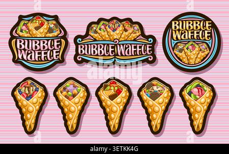 Vector Bubble Waffeln Set, schwarzes dekoratives Schild mit ausgeschnittenen Illustrationen von bunten Waffelkegeln gefüllt mit verschiedenen Eissorten, frischem Obst Stock Vektor