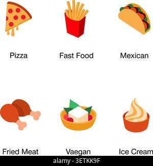 Ein farbenfrohes, flaches Icon-Set, das verschiedene Arten von Lebensmitteln repräsentiert: Pizza, Fast-Food-Pommes, mexikanisches Taco, frittiertes Fleisch, veganer Salat, und Eis. Jedes Symbol ha Stock Vektor