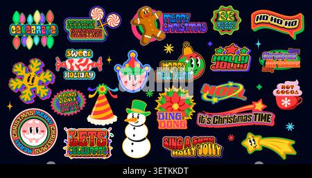 Weihnachten y2k groovige Aufkleber, Silvester Winter flippige Aufkleber mit Zeichentrick Weihnachtsfiguren. Vektor y2k Weihnachtsmann, Schneemann und Weihnachtsbaum Lichter Aufkleber. Weihnachtsstern und Weihnachtsstern Stock Vektor