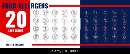 Icons für allergenfreie Lebensmittel, Piktogramme für Allergiebestandteile, die Gluten, Erdnuss, Schalentiere, Milchprodukte und Eier zeigen, Soja-, Senf- und Sesamauslöser für Menüetiketten, Verpackungen und Ernährungsinformationen Stock Vektor
