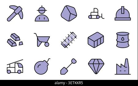 Symbole Für Ausgefüllte Linien Beim Bergbau Legen Bearbeitbare Konturvektorillustration Fest. Spitzhacke, Bergmann, Erz, Bagger und Diamant Stock Vektor