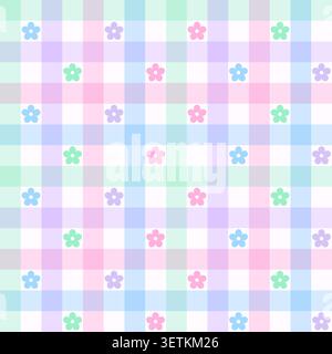 Nahtloses Gingham-Muster in Pastellfarben mit farbenfrohen Blumen. Niedliche karierte Ästhetik für Kinderzimmer, Frühlingsdekor und Kinder. Stock Vektor