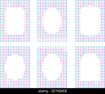 Set aus pastellfarbenen Rahmenschablonen auf Regenbogen-Gingham-Hintergrund. Dekorative Rahmen für Einladungen und Karten. Stock Vektor