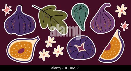 Feigen-Obst-Aufkleber Set mit ganzen und in Scheiben geschnittenen Feigen Blumen und grünen Blättern Vektor-Illustration Stock Vektor