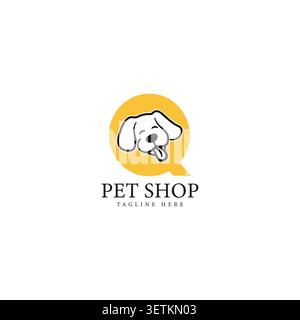 Logo mit Buchstabe Q und Hundegesicht. Symbol „PET Design“ mit Buchstabe Q Stock Vektor