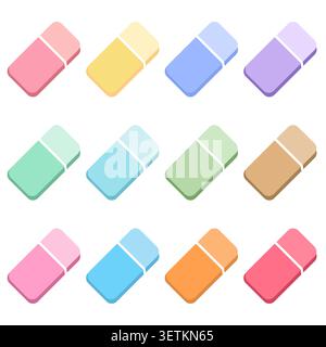 Die ikonische Kollektion mit dem Radiergummi in Pastellfarben bietet farbenfrohe Schulunterlagen im flachen Stil. Pädagogisches Vektordesign geeignet für Unterricht, Lernen, Studium, o Stock Vektor
