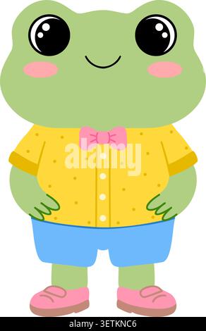 Froschjunge in gelbem Hemd und blauen Shorts. Vektorillustration auf weißem Hintergrund. Stock Vektor