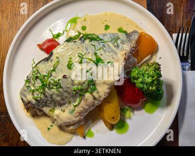 Weißer Teller mit gegrilltem Branzino Seebarsch-Fischfilet mit cremiger Kräutersauce, begleitet von geröstetem Gemüse. Stockfoto